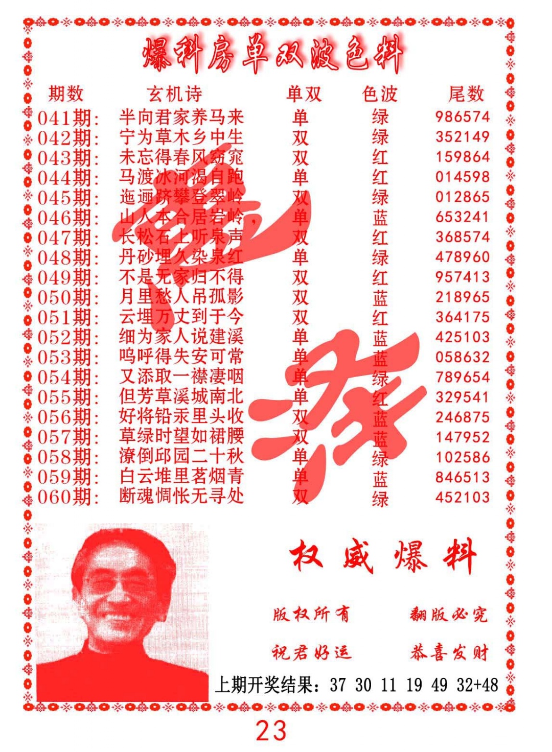 055期爆料房单双波色料[图]